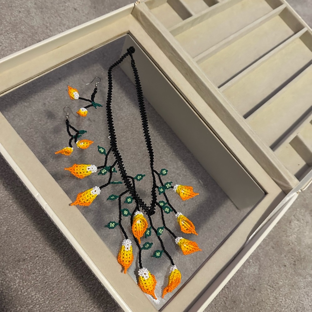 Handcrafted Floral Necklace&Earrings- Orange and Green.Matching set